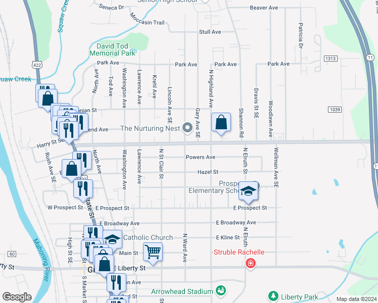 map of restaurants, bars, coffee shops, grocery stores, and more near 709 North Ward Avenue in Girard