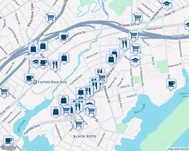 map of restaurants, bars, coffee shops, grocery stores, and more near 127 Scofield Avenue in Bridgeport