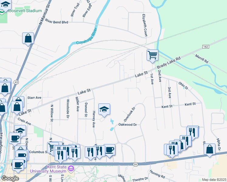 map of restaurants, bars, coffee shops, grocery stores, and more near 1002 Lake Street in Kent