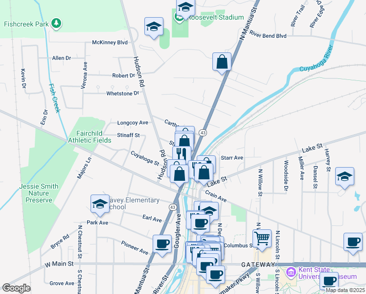 map of restaurants, bars, coffee shops, grocery stores, and more near 440 Stinaff Street in Kent