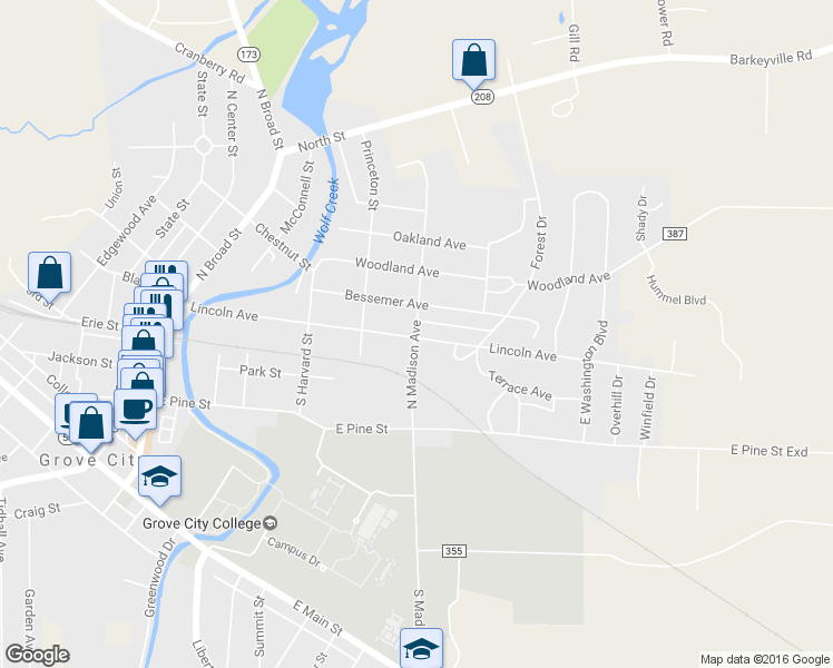 map of restaurants, bars, coffee shops, grocery stores, and more near 210 North Madison Avenue in Grove City