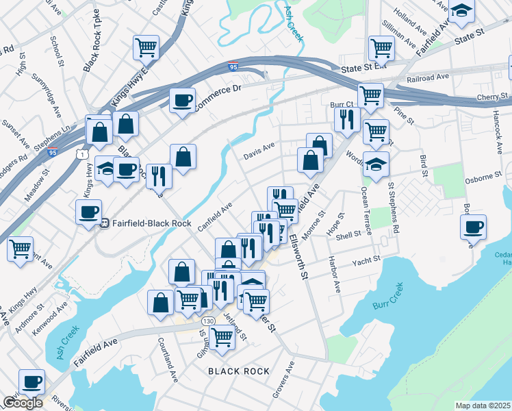 map of restaurants, bars, coffee shops, grocery stores, and more near 127 Scofield Avenue in Bridgeport