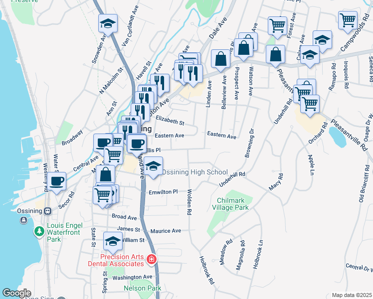 map of restaurants, bars, coffee shops, grocery stores, and more near 37 Ellis Place in Ossining