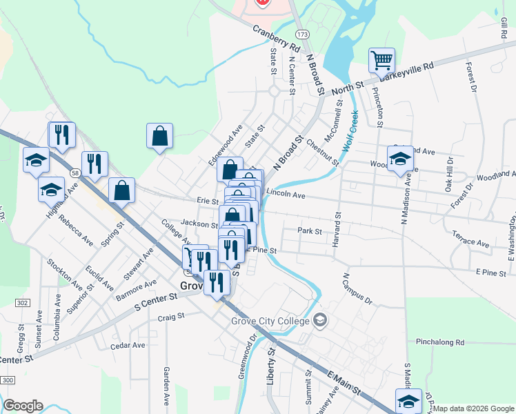 map of restaurants, bars, coffee shops, grocery stores, and more near 120 North Broad Street in Grove City