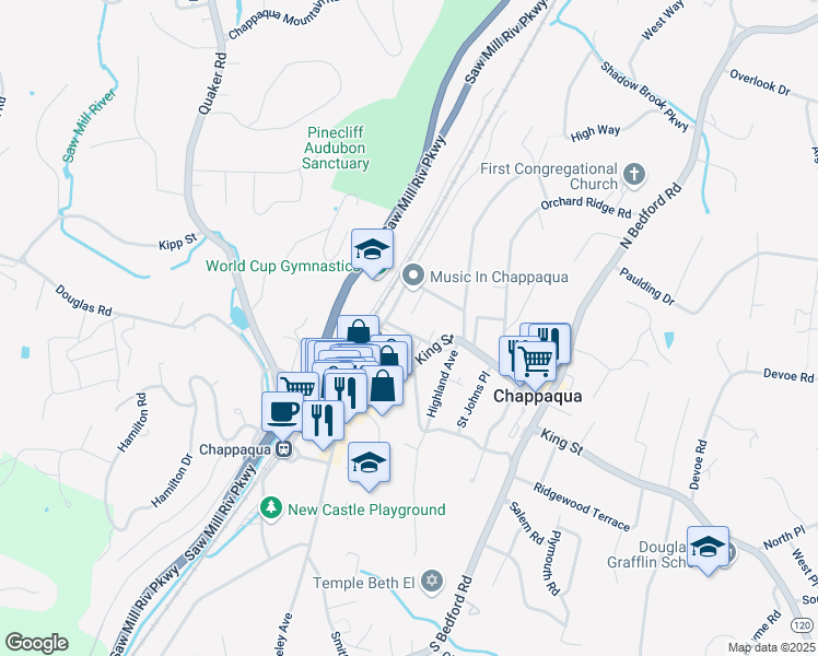 map of restaurants, bars, coffee shops, grocery stores, and more near 41 Maple Avenue in Chappaqua