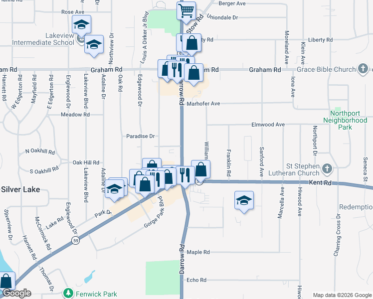 map of restaurants, bars, coffee shops, grocery stores, and more near 3553 Darrow Road in Stow