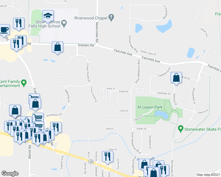 map of restaurants, bars, coffee shops, grocery stores, and more near 1214 Anita Court in Kent