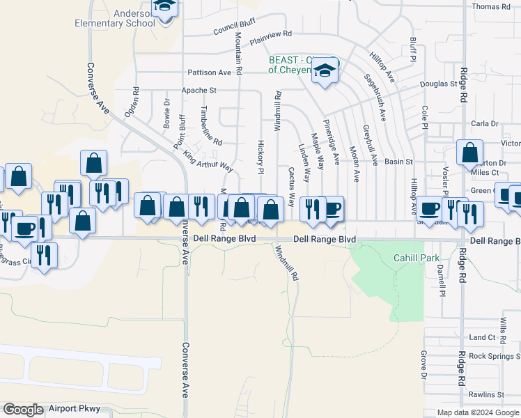 map of restaurants, bars, coffee shops, grocery stores, and more near 4716 Hickory Place in Cheyenne