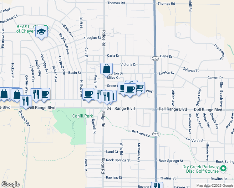 map of restaurants, bars, coffee shops, grocery stores, and more near 3421 Gregg Way in Cheyenne