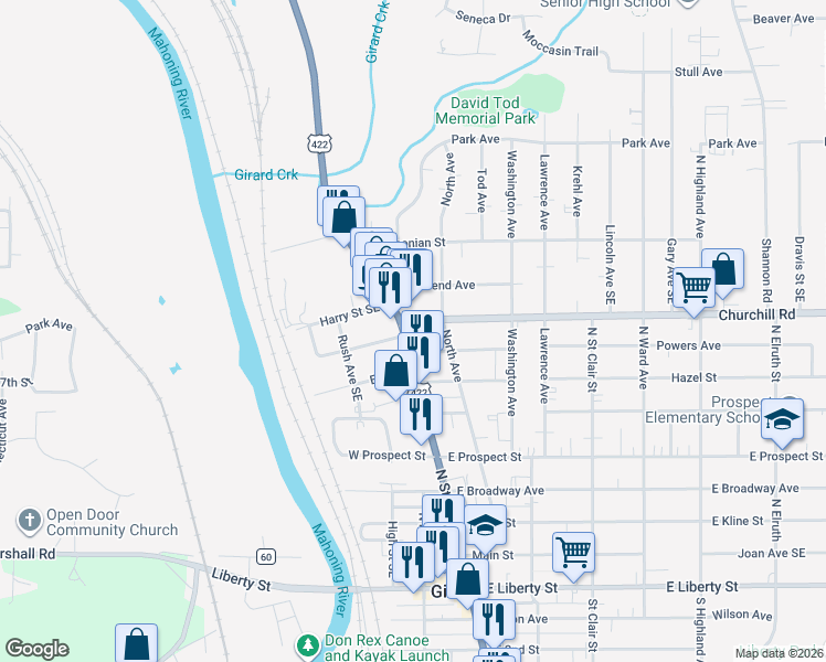 map of restaurants, bars, coffee shops, grocery stores, and more near 724 N State St in Girard