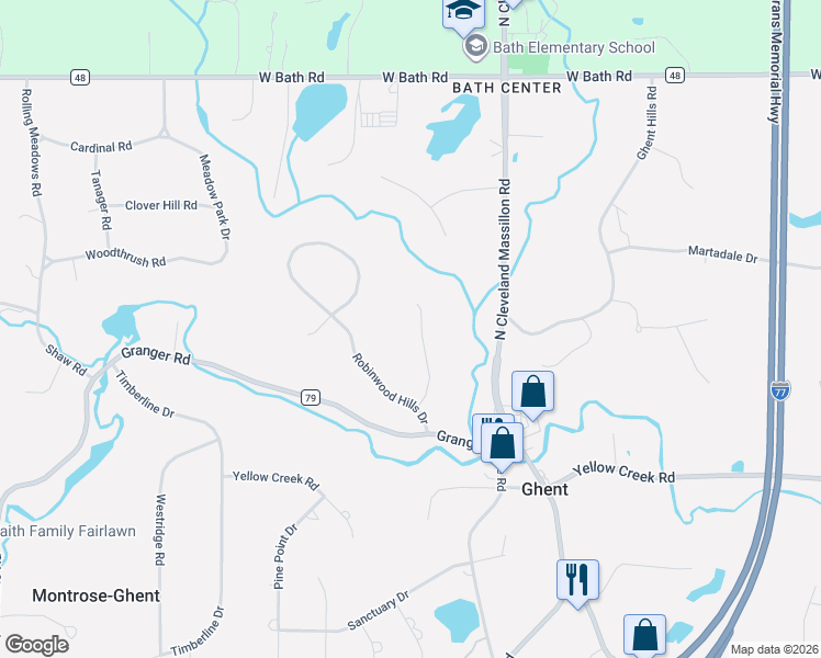 map of restaurants, bars, coffee shops, grocery stores, and more near 3677 Hughstowne Drive in Akron