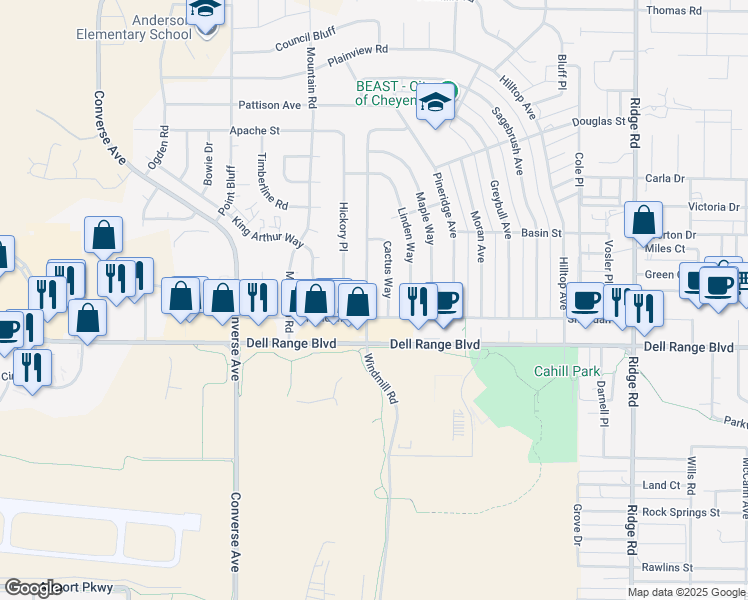 map of restaurants, bars, coffee shops, grocery stores, and more near 4717 Windmill Road in Cheyenne