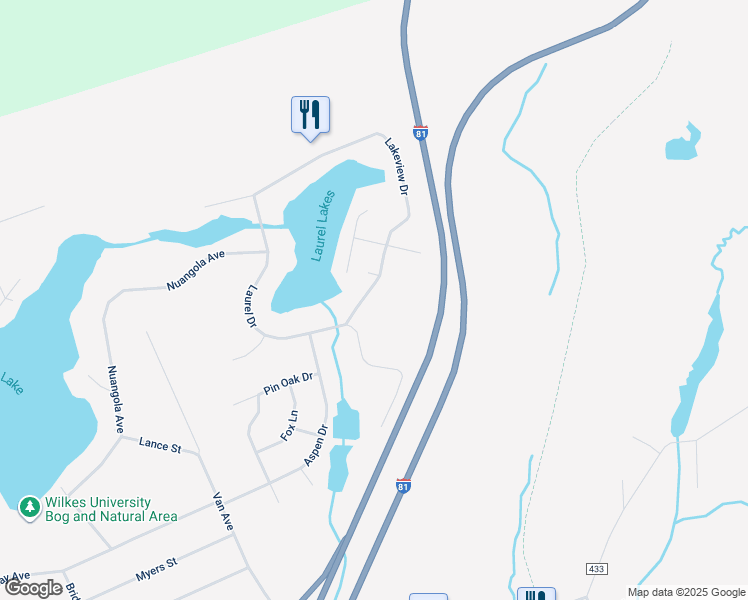map of restaurants, bars, coffee shops, grocery stores, and more near 75 Lakeview Drive in Mountain Top