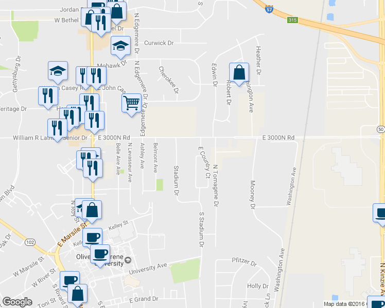 map of restaurants, bars, coffee shops, grocery stores, and more near 303 West Country Court in Bourbonnais