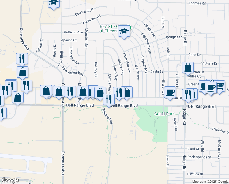 map of restaurants, bars, coffee shops, grocery stores, and more near 4716 Linden Way in Cheyenne