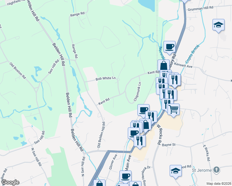 map of restaurants, bars, coffee shops, grocery stores, and more near 79 Bob White Lane in Wilton