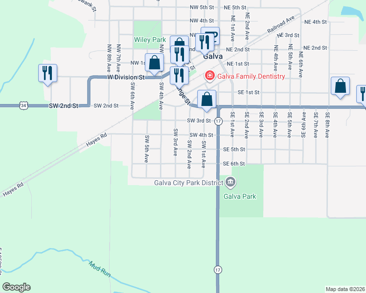 map of restaurants, bars, coffee shops, grocery stores, and more near 210 Southwest 5th Street in Galva
