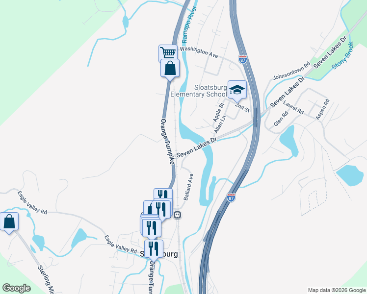 map of restaurants, bars, coffee shops, grocery stores, and more near 108 Orange Turnpike in Sloatsburg