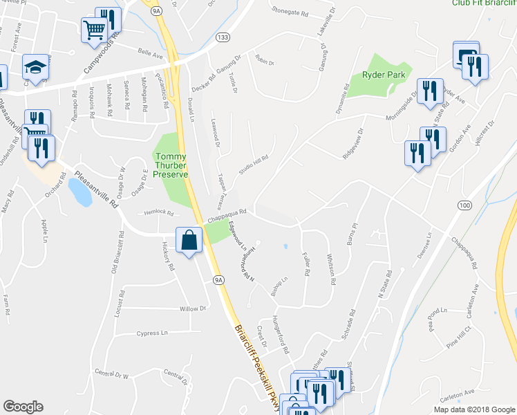 map of restaurants, bars, coffee shops, grocery stores, and more near 105 Chappaqua Road in Briarcliff Manor