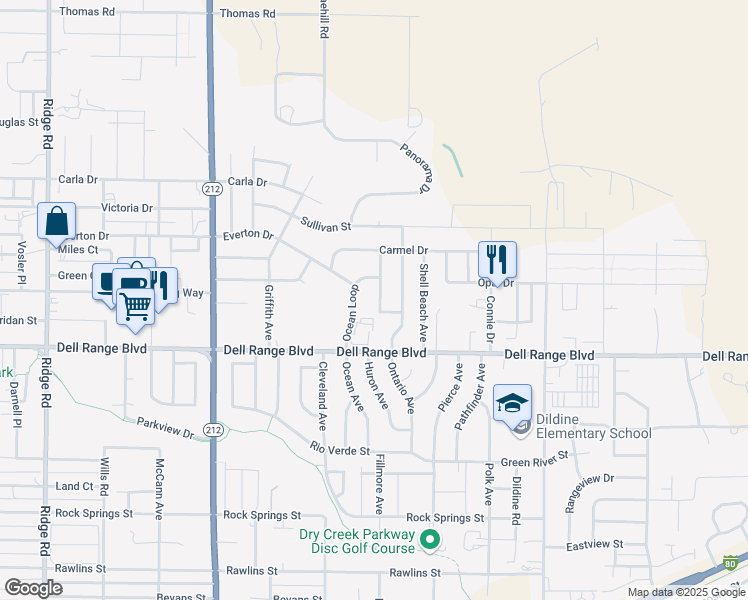 map of restaurants, bars, coffee shops, grocery stores, and more near 4708 Big Sur Avenue in Cheyenne
