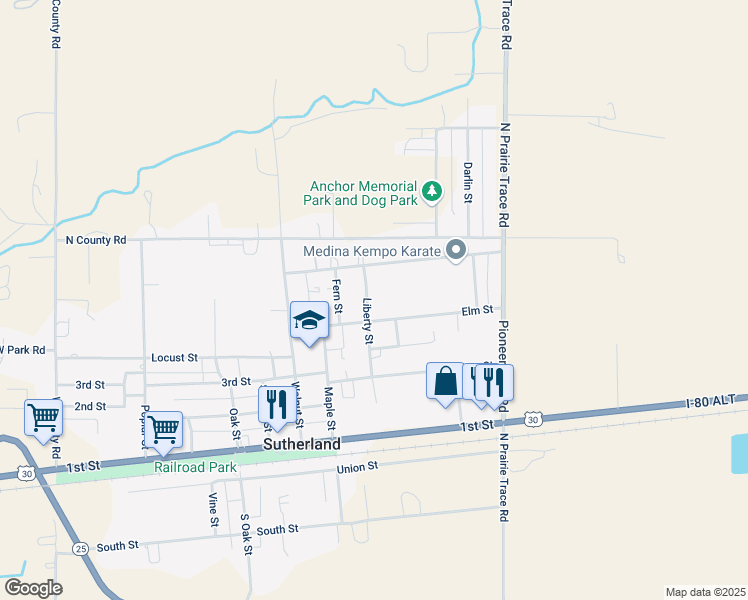 map of restaurants, bars, coffee shops, grocery stores, and more near 532-608 Elm Street in Sutherland