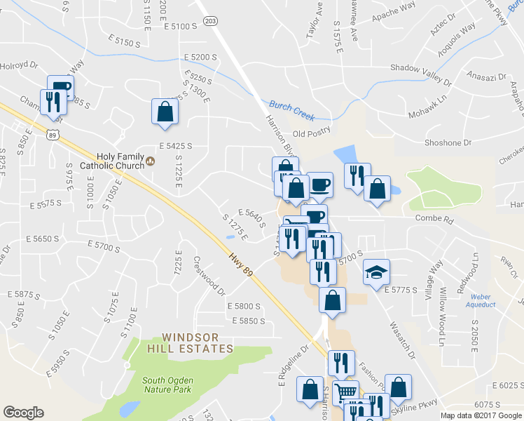 map of restaurants, bars, coffee shops, grocery stores, and more near 5650 South 1425 East in Ogden