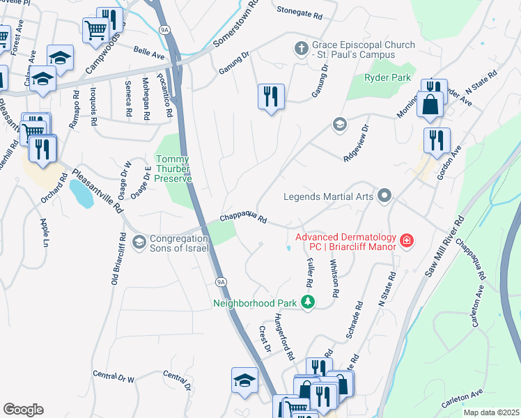 map of restaurants, bars, coffee shops, grocery stores, and more near 105 Chappaqua Road in Briarcliff Manor