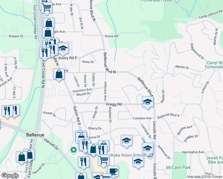 map of restaurants, bars, coffee shops, grocery stores, and more near 1610 Elm Street in Bellevue