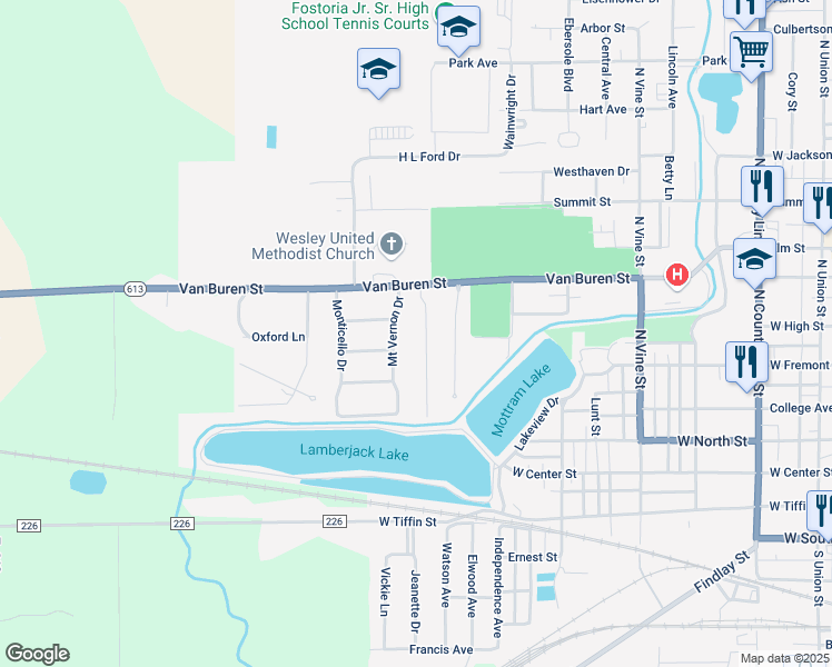 map of restaurants, bars, coffee shops, grocery stores, and more near 507 Glenview Drive in Fostoria