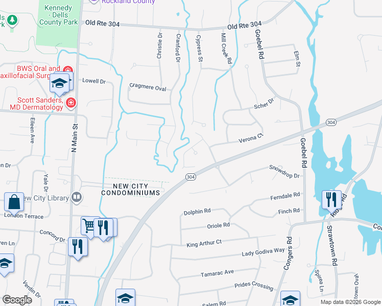 map of restaurants, bars, coffee shops, grocery stores, and more near 7 Termakay Drive in New City
