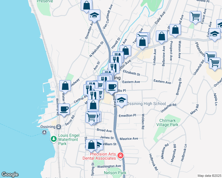 map of restaurants, bars, coffee shops, grocery stores, and more near 200 Main Street in Ossining