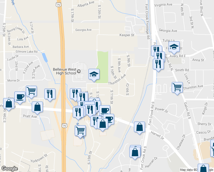 map of restaurants, bars, coffee shops, grocery stores, and more near 1108 Sunshine Boulevard in Bellevue