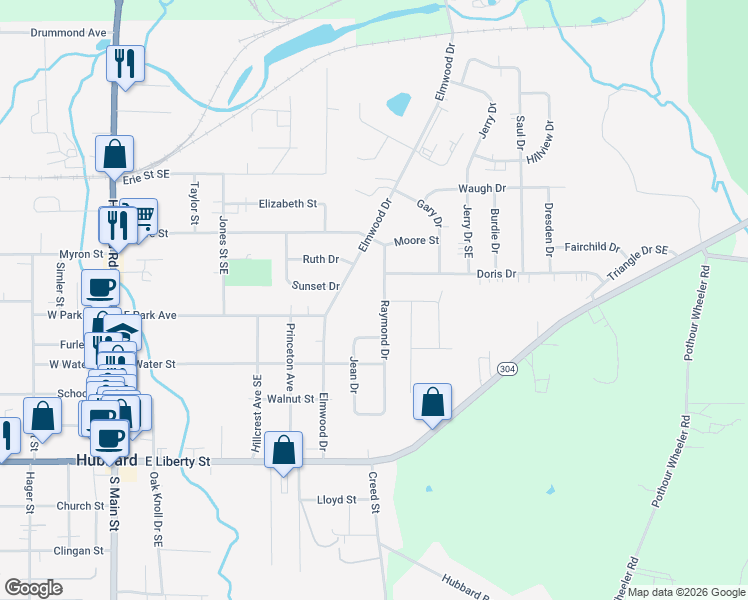 map of restaurants, bars, coffee shops, grocery stores, and more near 436 Raymond Drive in Hubbard