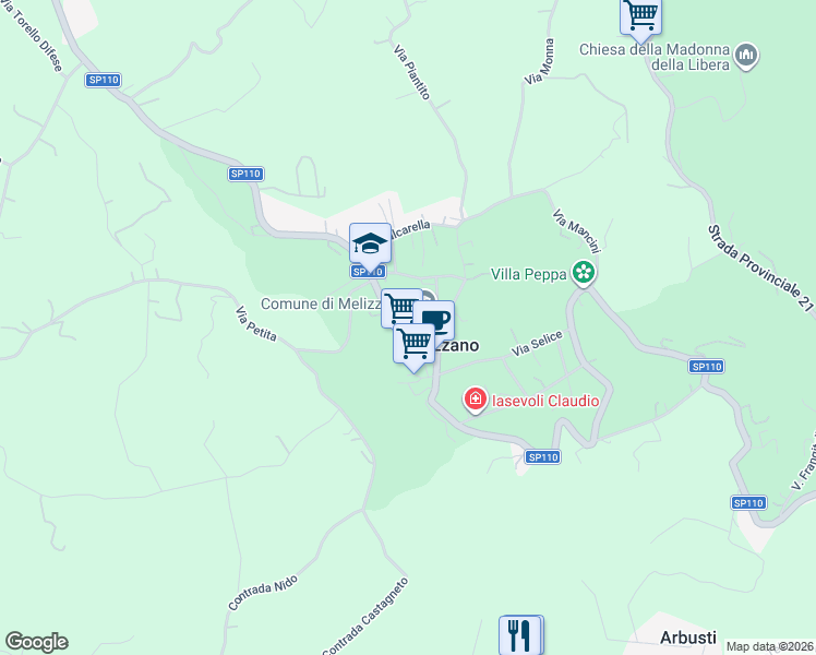 map of restaurants, bars, coffee shops, grocery stores, and more near Strada Provinciale 21 in Melizzano