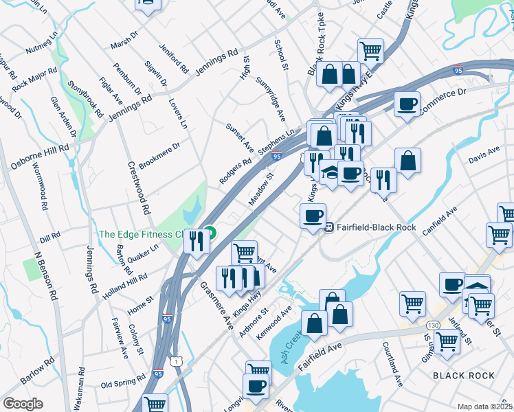 map of restaurants, bars, coffee shops, grocery stores, and more near 278 Kings Highway Cutoff in Fairfield