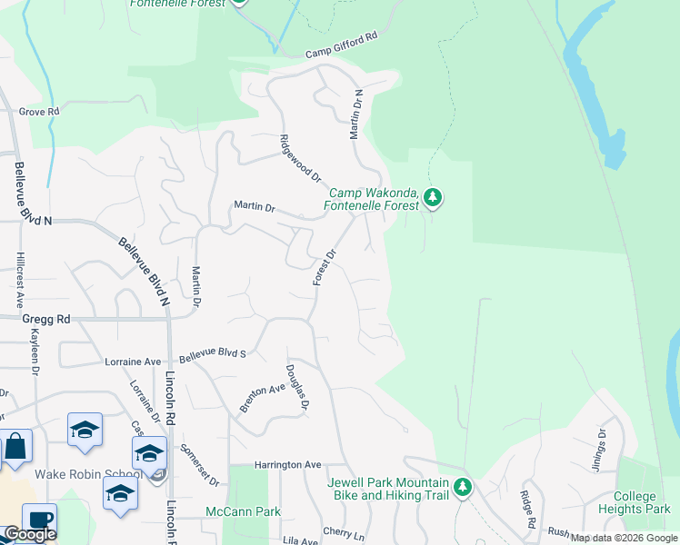 map of restaurants, bars, coffee shops, grocery stores, and more near 118 Lafayette Lane in Bellevue