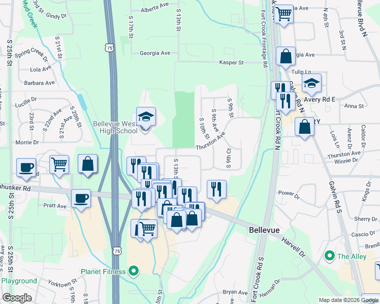 map of restaurants, bars, coffee shops, grocery stores, and more near 1108 Sunshine Boulevard in Bellevue