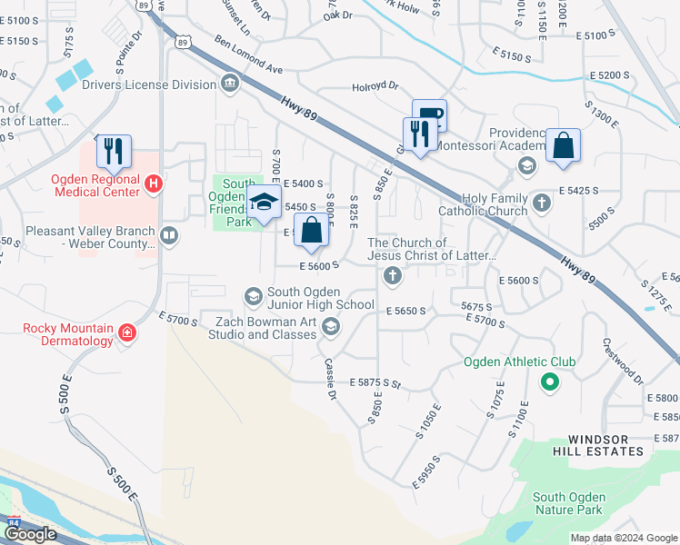 map of restaurants, bars, coffee shops, grocery stores, and more near 823 East 5600 South in Ogden