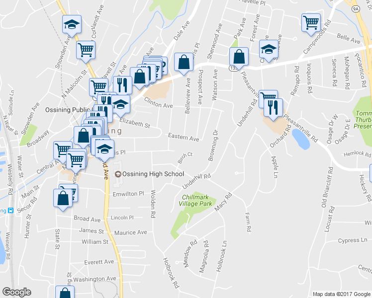map of restaurants, bars, coffee shops, grocery stores, and more near 7 Birch Court in Ossining