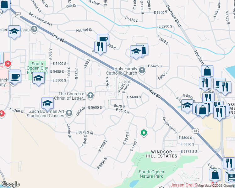 map of restaurants, bars, coffee shops, grocery stores, and more near 5578 South 1000 East in Ogden