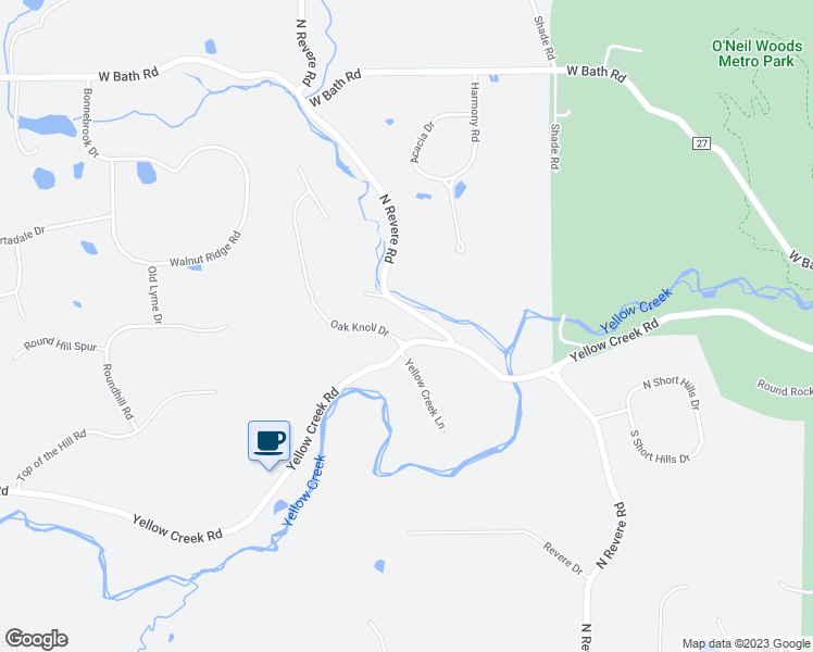 map of restaurants, bars, coffee shops, grocery stores, and more near 2635 Yellow Creek Road in Akron