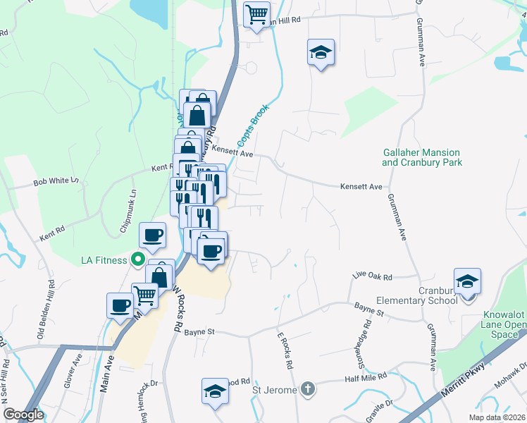 map of restaurants, bars, coffee shops, grocery stores, and more near 103 Fawn Ridge Lane in Norwalk