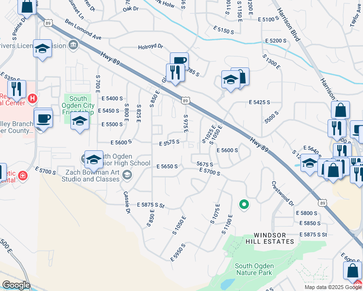 map of restaurants, bars, coffee shops, grocery stores, and more near 5586 South 975 East in Ogden