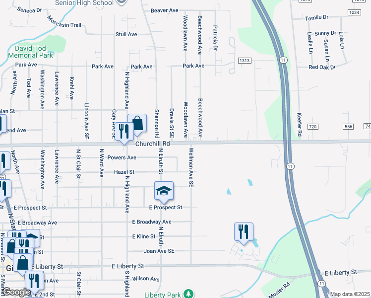 map of restaurants, bars, coffee shops, grocery stores, and more near 632 Wellman Avenue Southeast in Girard