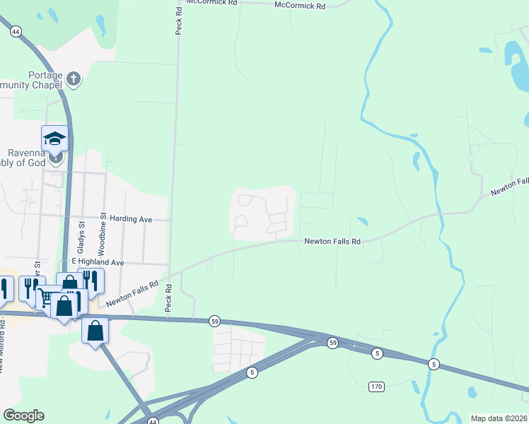 map of restaurants, bars, coffee shops, grocery stores, and more near 5141 Newton Falls Road in Ravenna