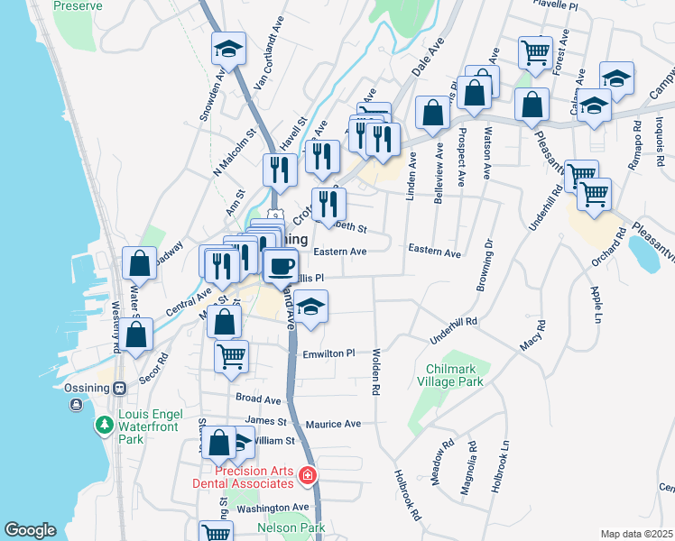 map of restaurants, bars, coffee shops, grocery stores, and more near 21 Ellis Place in Ossining