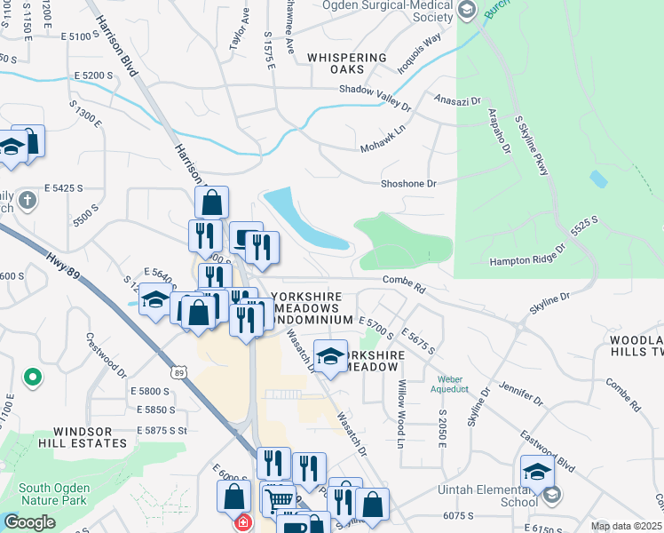 map of restaurants, bars, coffee shops, grocery stores, and more near 1718 Combe Road in Ogden