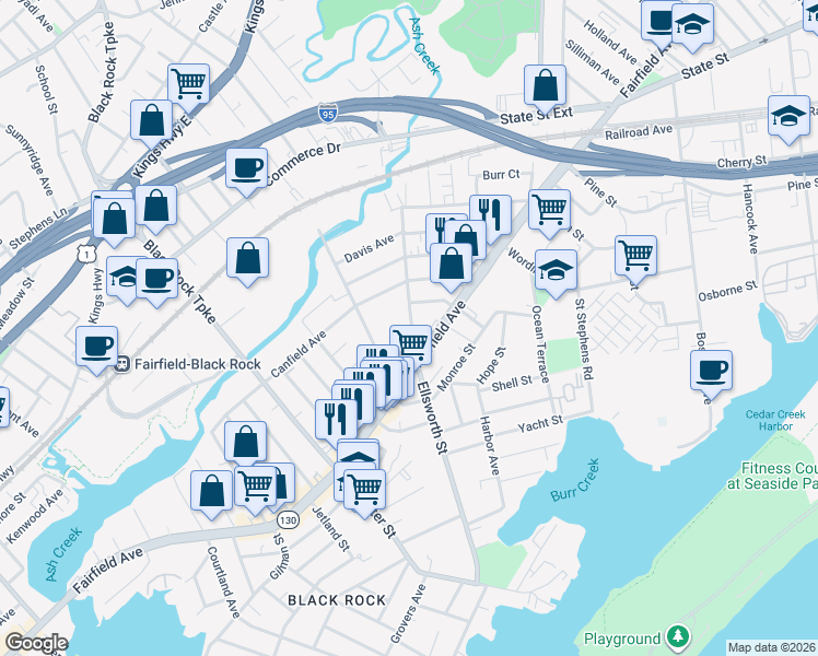 map of restaurants, bars, coffee shops, grocery stores, and more near 575 Ellsworth Street in Bridgeport
