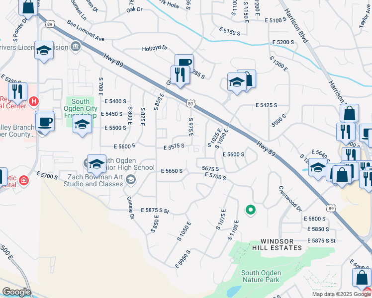 map of restaurants, bars, coffee shops, grocery stores, and more near 5586 South 975 East in Ogden