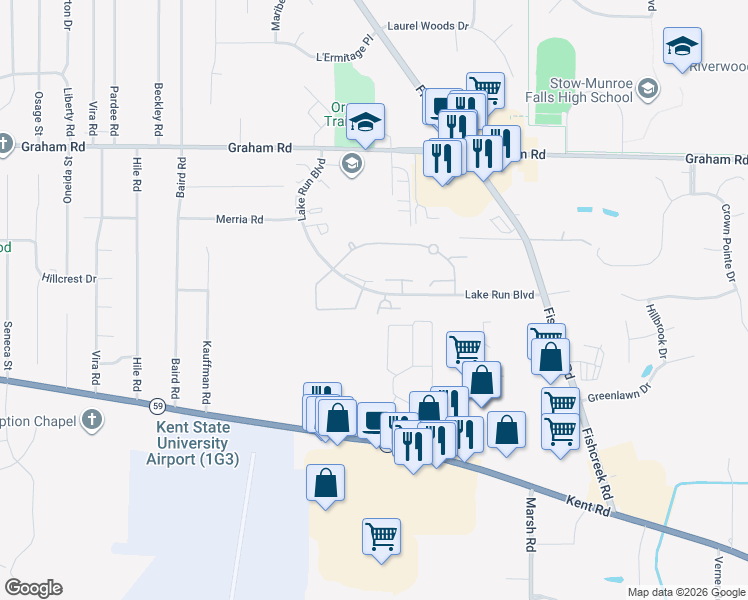 map of restaurants, bars, coffee shops, grocery stores, and more near 2982 Heatherwood Court in Stow